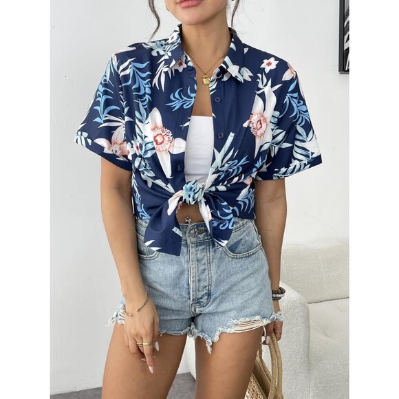 Women Dark Blue Hawaiian Button Down Shirts Short Sleeve Casual Floral Shirt - Picture 4 of 7
